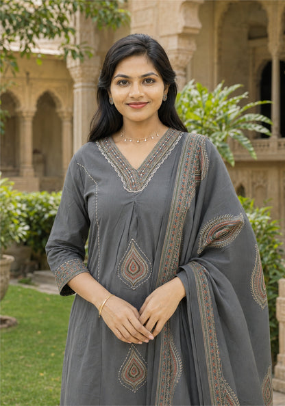Charcoal Grey Cotton Paisley Border Kurta Pant Set with Dupatta - Ashoka Threads - K3-D12-26-CGR - view 3