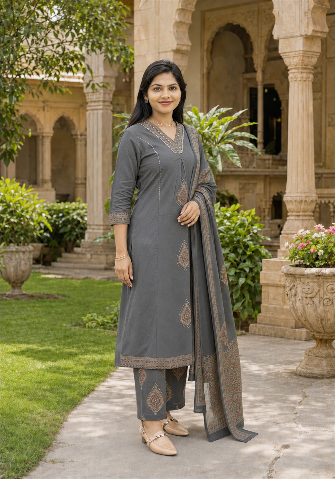 Charcoal Grey Cotton Paisley Border Kurta Pant Set with Dupatta - Ashoka Threads - K3-D12-26-CGR - view 5