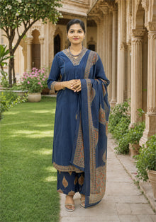 Royal Blue Cotton Paisley Border Kurta Pant Set with Dupatta - Ashoka Threads