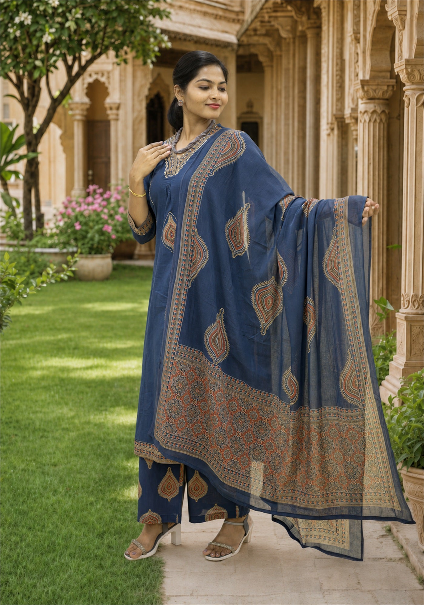 Royal Blue Cotton Paisley Border Kurta Pant Set with Dupatta - Ashoka Threads - K3-D12-26-ROB - view 2