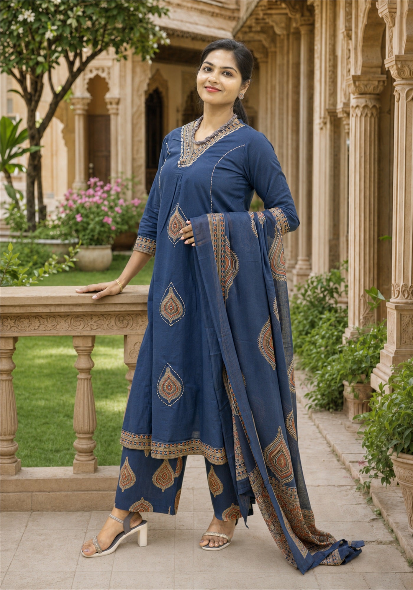 Royal Blue Cotton Paisley Border Kurta Pant Set with Dupatta - Ashoka Threads - K3-D12-26-ROB - view 4