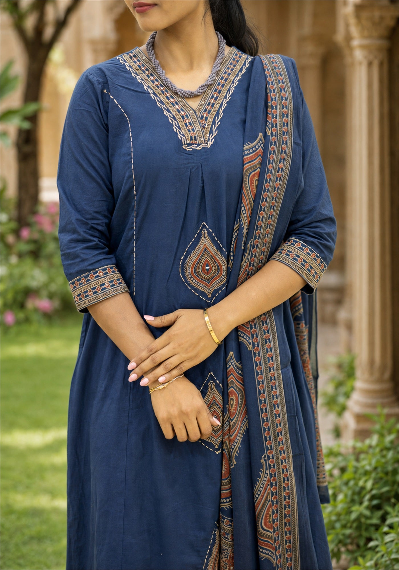 Royal Blue Cotton Paisley Border Kurta Pant Set with Dupatta - Ashoka Threads - K3-D12-26-ROB - view 5