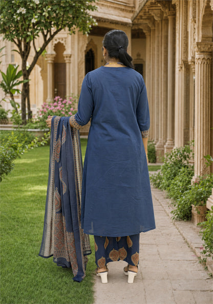 Royal Blue Cotton Paisley Border Kurta Pant Set with Dupatta - Ashoka Threads - K3-D12-26-ROB - view 6