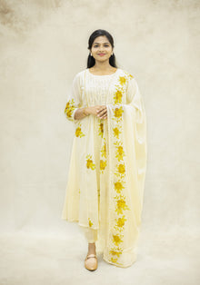 Ivory White Yellow Cotton Floral Kurta Pant Set with Dupatta - Ashoka Threads