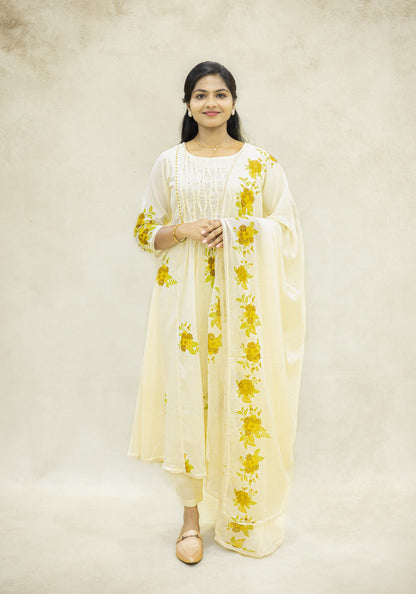 Ivory White Yellow Floral Kurta Pant Set with Dupatta - Ivory White - view 1