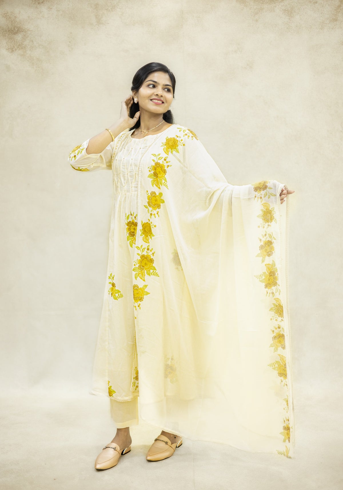 Ivory White Yellow Cotton Floral Kurta Pant Set with Dupatta - Ashoka Threads