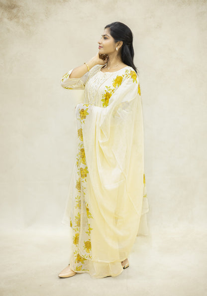 Ivory White Yellow Floral Kurta Pant Set with Dupatta - Ivory White - view 3