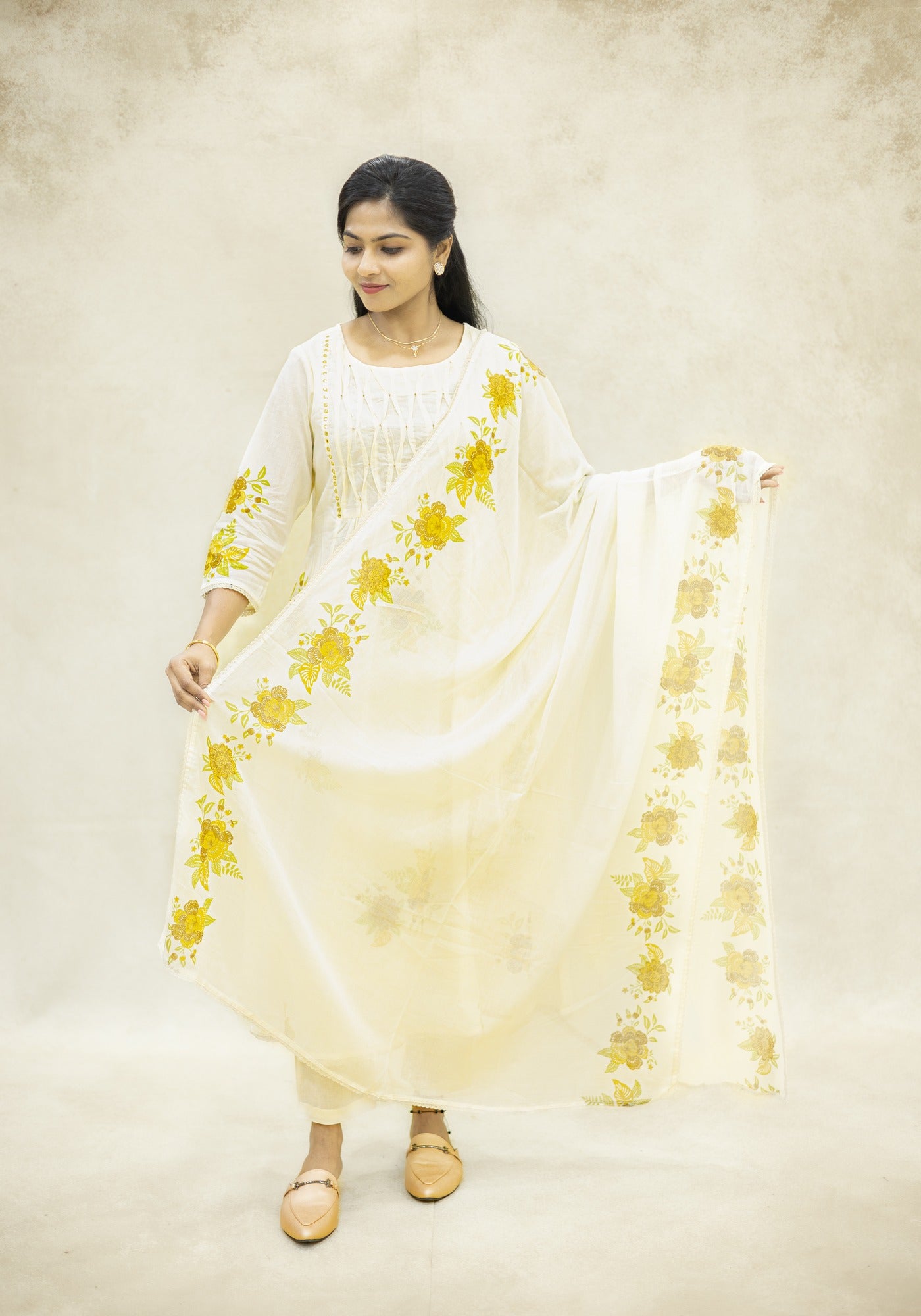 Ivory White Yellow Floral Kurta Pant Set with Dupatta - Ivory White - view 5