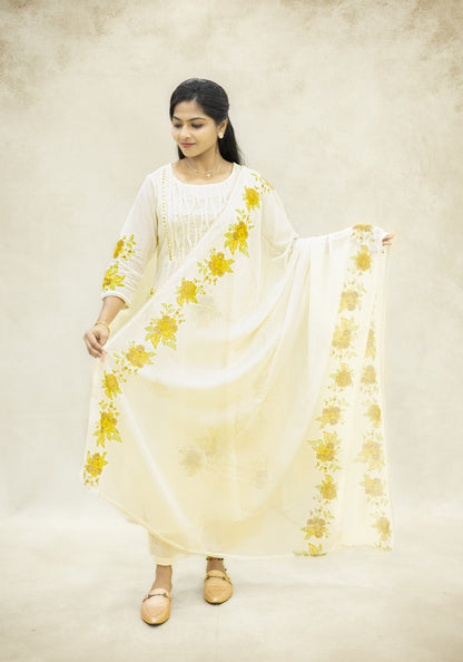 Ivory White Yellow Floral Kurta Pant Set with Dupatta - Ivory White - view 5