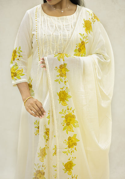 Ivory White Yellow Floral Kurta Pant Set with Dupatta - Ivory White - view 6