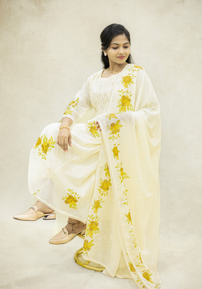 Ivory White Yellow Floral Kurta Pant Set with Dupatta - Ivory White - view 8