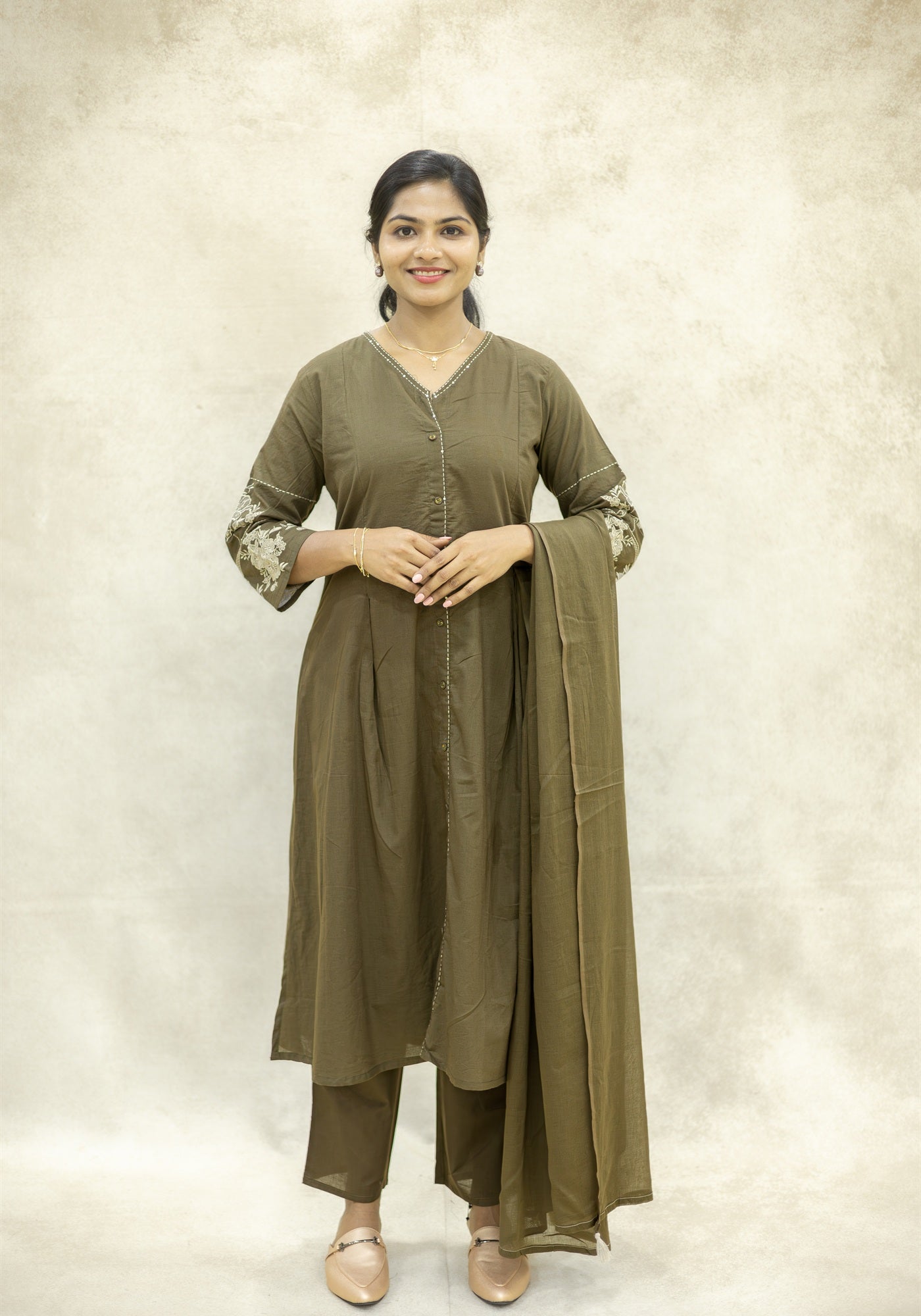 Olive Brown Flared Kurta Pant Set with Dupatta - Olive Brown - view 1