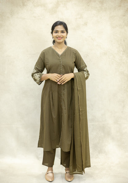 Olive Brown Flared Kurta Pant Set with Dupatta - Olive Brown - view 1