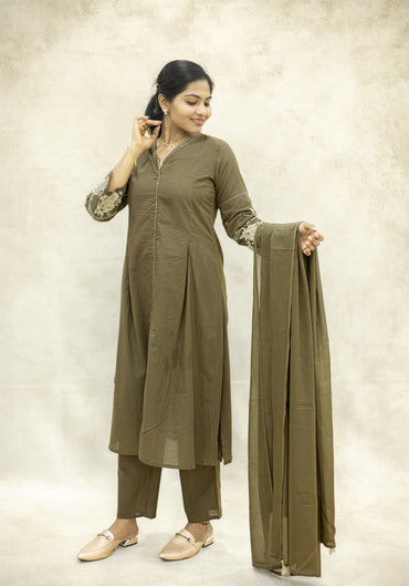 Olive Brown Flared Kurta Pant Set with Dupatta - Olive Brown - view 2