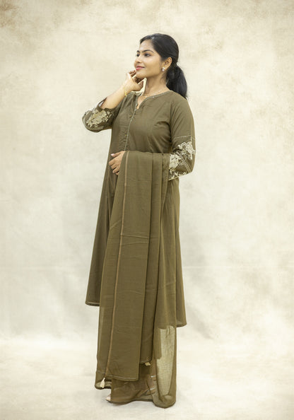 Olive Brown Flared Kurta Pant Set with Dupatta - Olive Brown - view 3