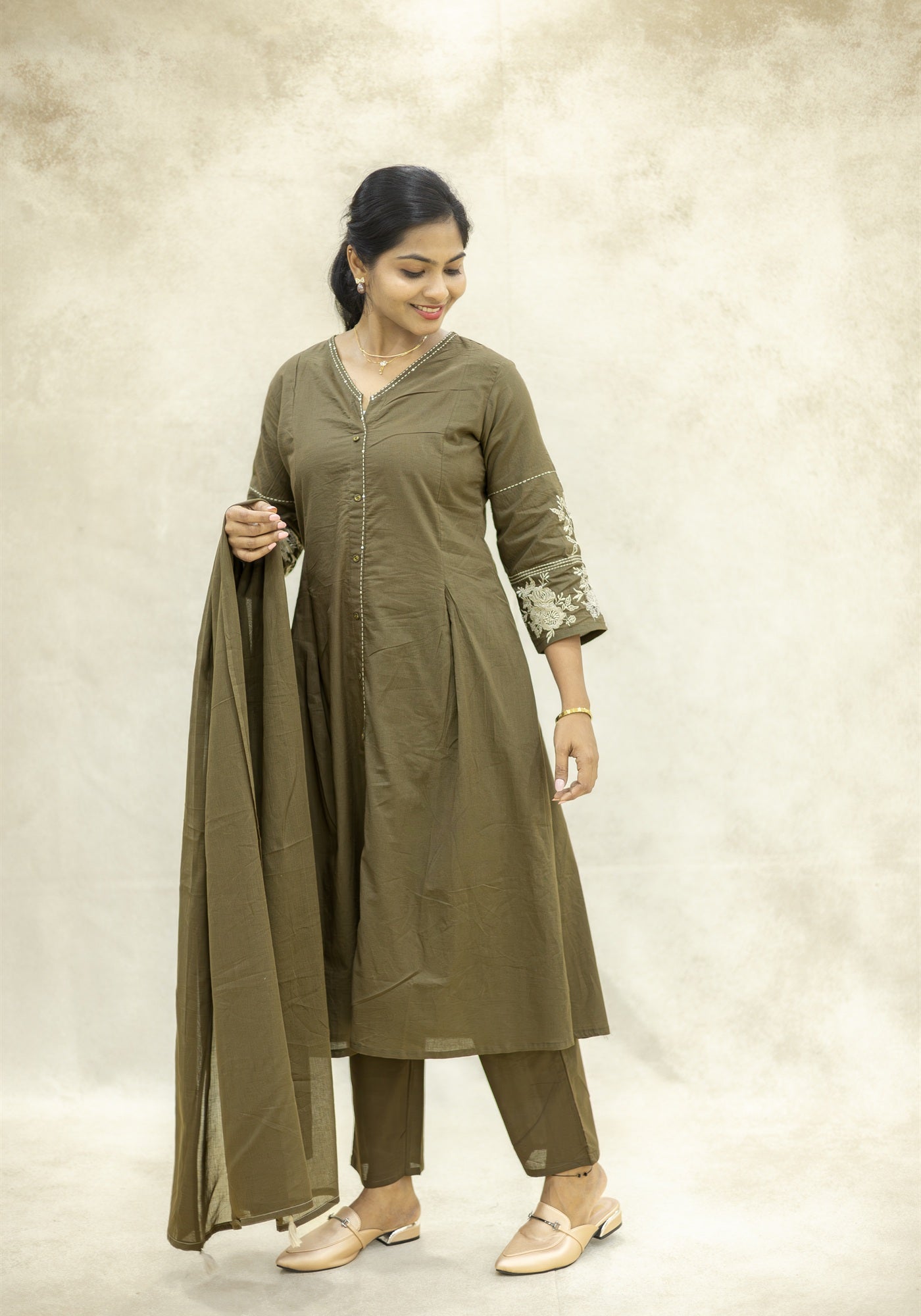 Olive Brown Flared Kurta Pant Set with Dupatta - Olive Brown - view 4
