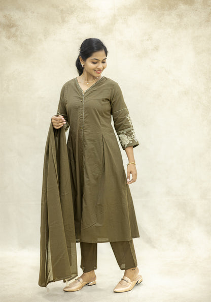 Olive Brown Flared Kurta Pant Set with Dupatta - Olive Brown - view 4