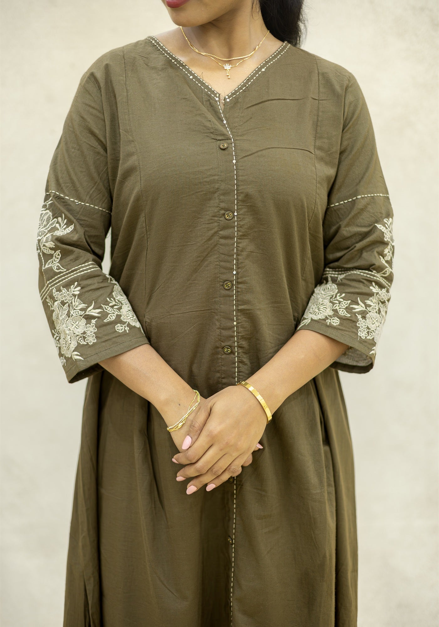 Olive Brown Flared Kurta Pant Set with Dupatta - Olive Brown - view 5