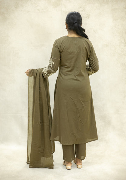 Olive Brown Flared Kurta Pant Set with Dupatta - Olive Brown - view 6
