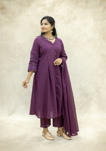 Royal Purple Cotton Flared Kurta Pant Set with Dupatta - Ashoka Threads