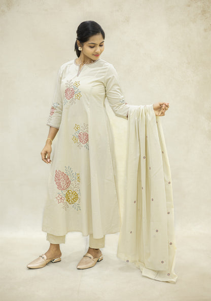 Light Cream Floral Kurta Pant Set with Dupatta - Light Cream