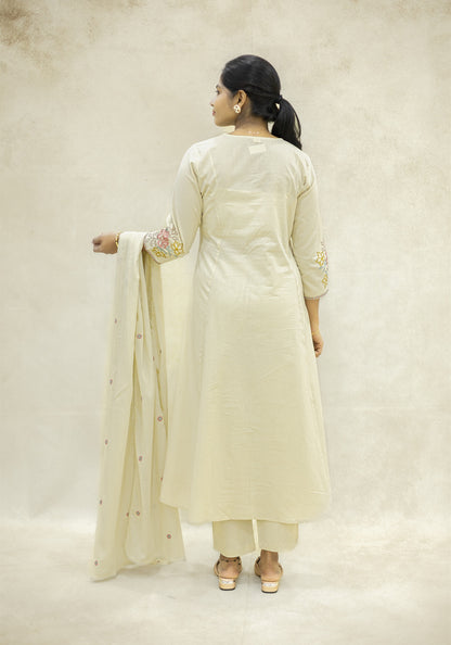 Light Cream Floral Kurta Pant Set with Dupatta - Light Cream
