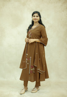 Mustard Brown Cotton Embroidered Kurta Pant Set with Dupatta - Ashoka Threads