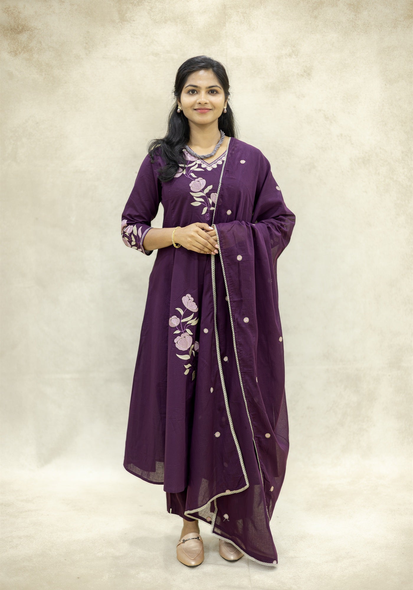 Purple Floral Kurta Pant Set with Dupatta - Purple