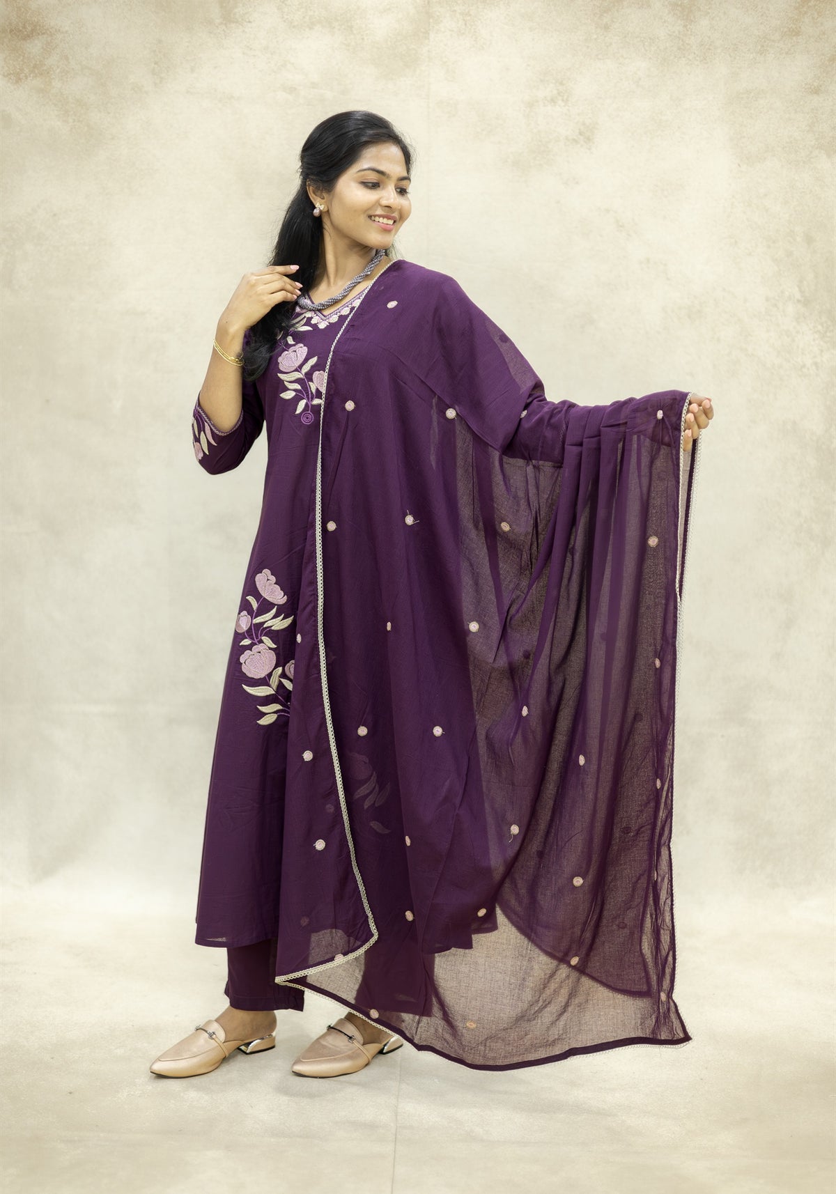 Purple Cotton Floral Kurta Pant Set with Dupatta - Ashoka Threads