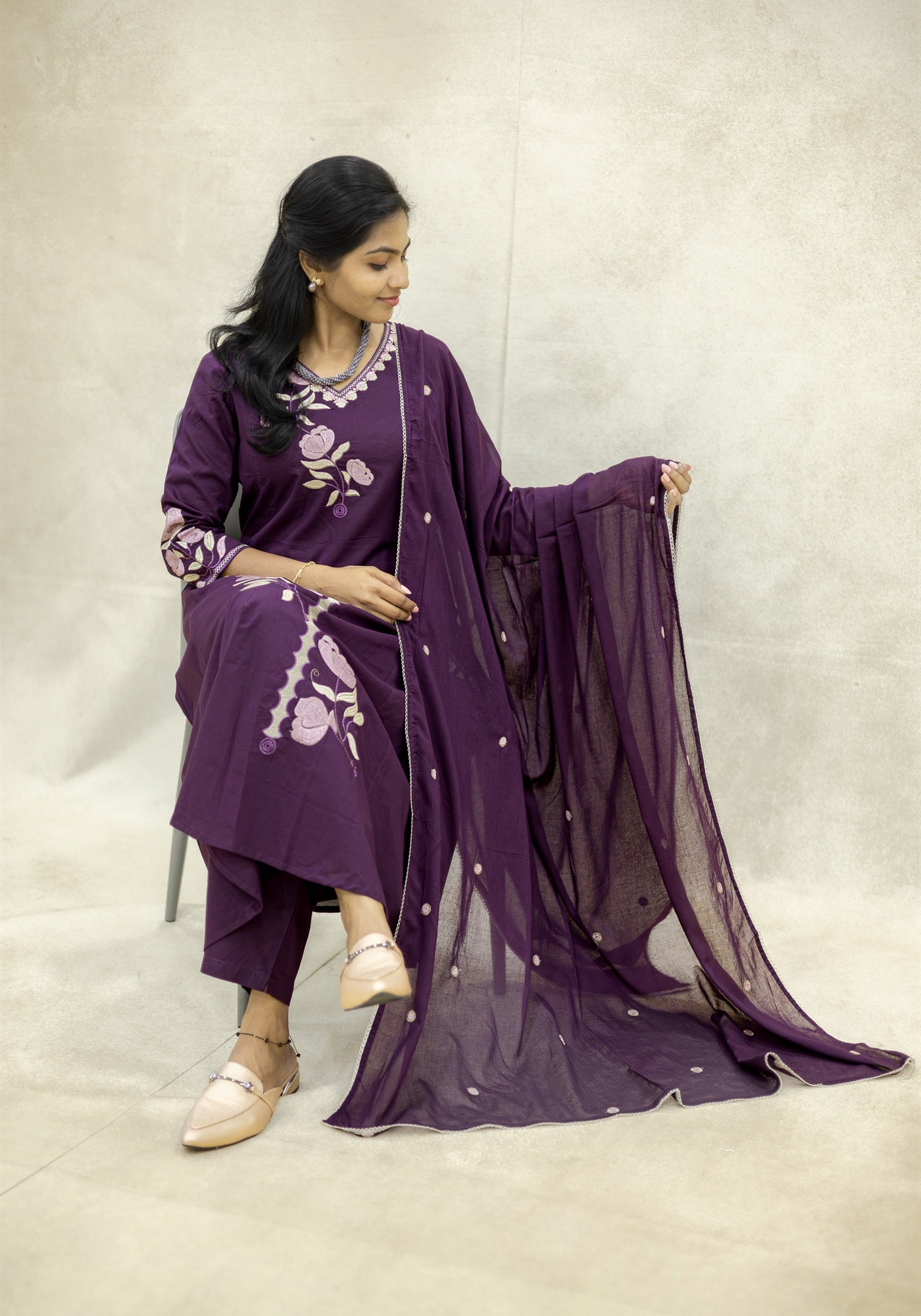 Purple Floral Kurta Pant Set with Dupatta - Purple