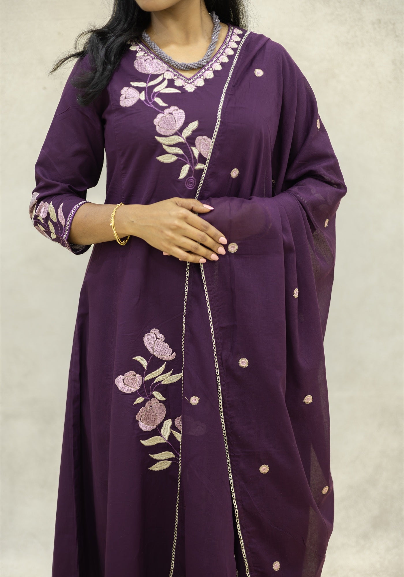 Purple Floral Kurta Pant Set with Dupatta - Purple