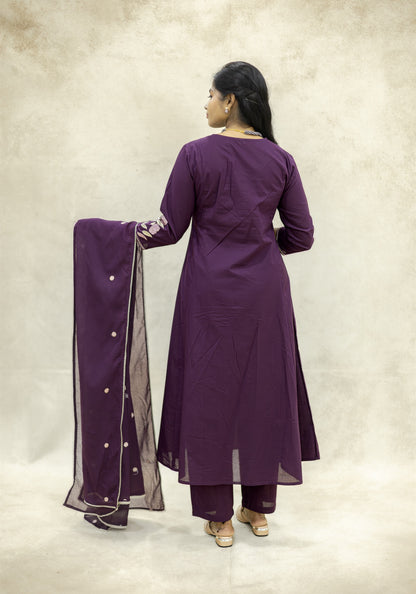 Purple Floral Kurta Pant Set with Dupatta - Purple