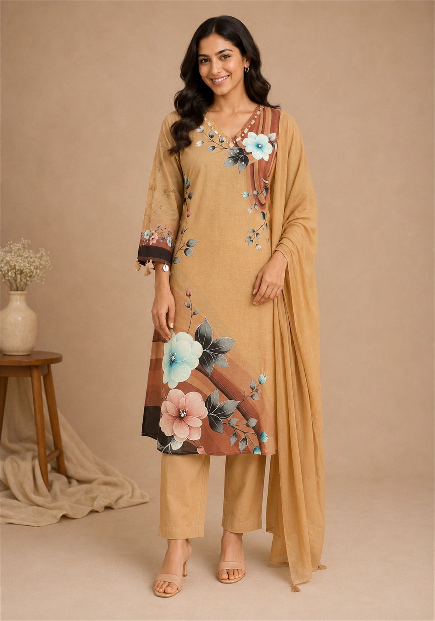 Tan Brown Cotton Floral Kurta Pant Set with Dupatta - Ashoka Threads - Tan Brown - view 1