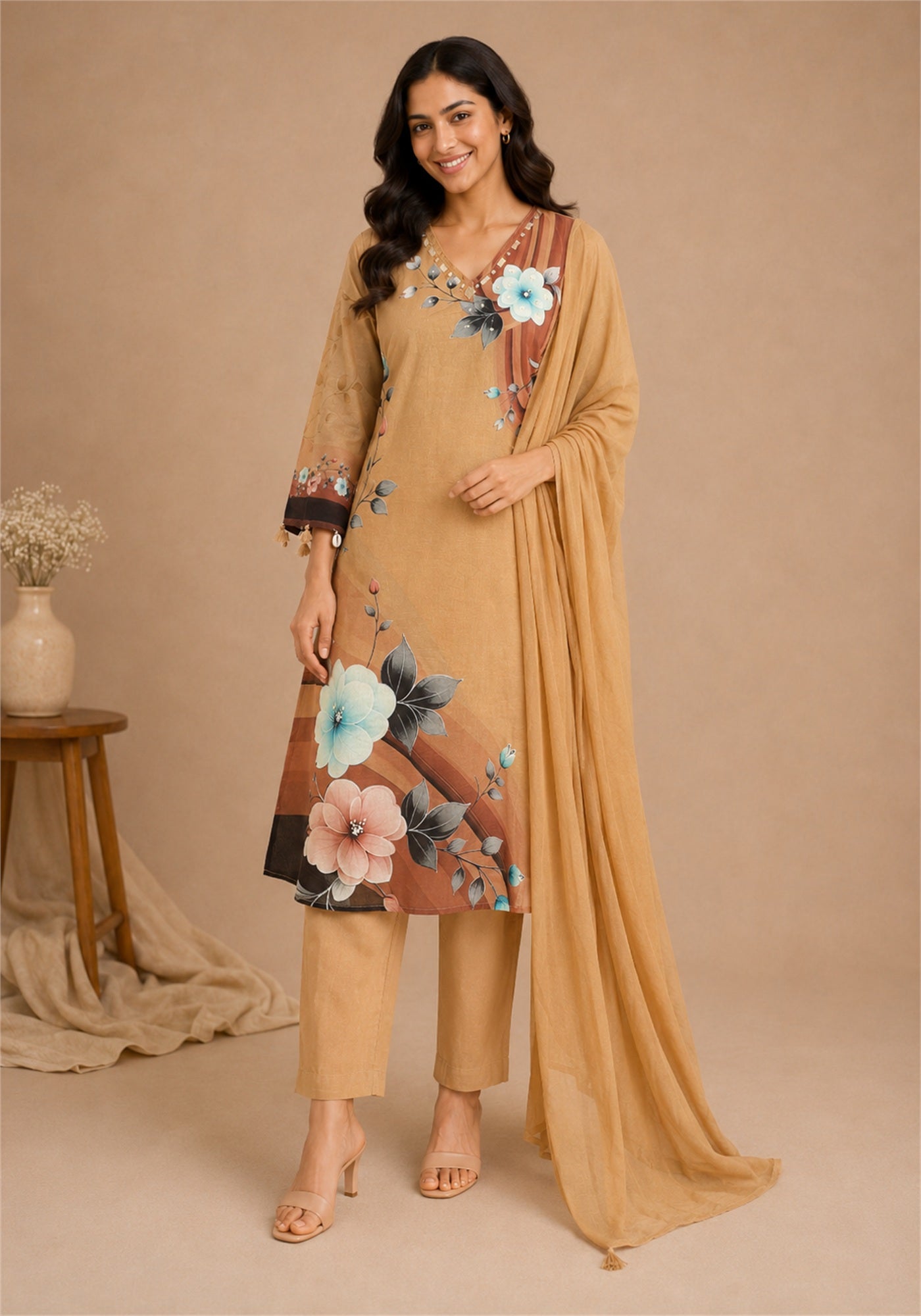 Tan Brown Cotton Floral Kurta Pant Set with Dupatta - Ashoka Threads - Tan Brown - view 2