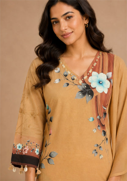 Tan Brown Cotton Floral Kurta Pant Set with Dupatta - Ashoka Threads - Tan Brown - view 3
