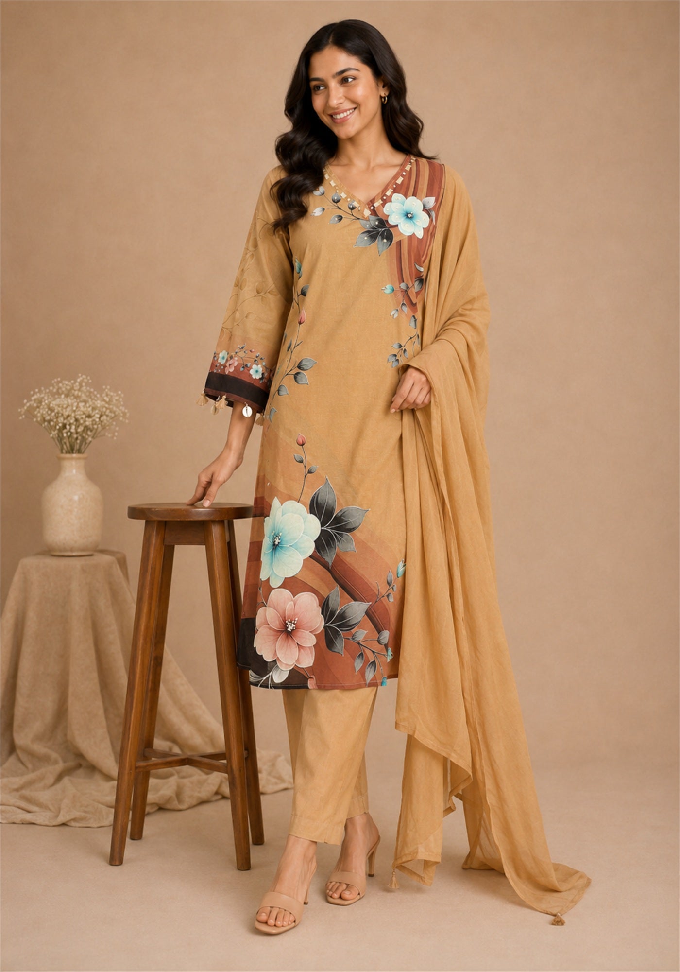 Tan Brown Cotton Floral Kurta Pant Set with Dupatta - Ashoka Threads - Tan Brown - view 4