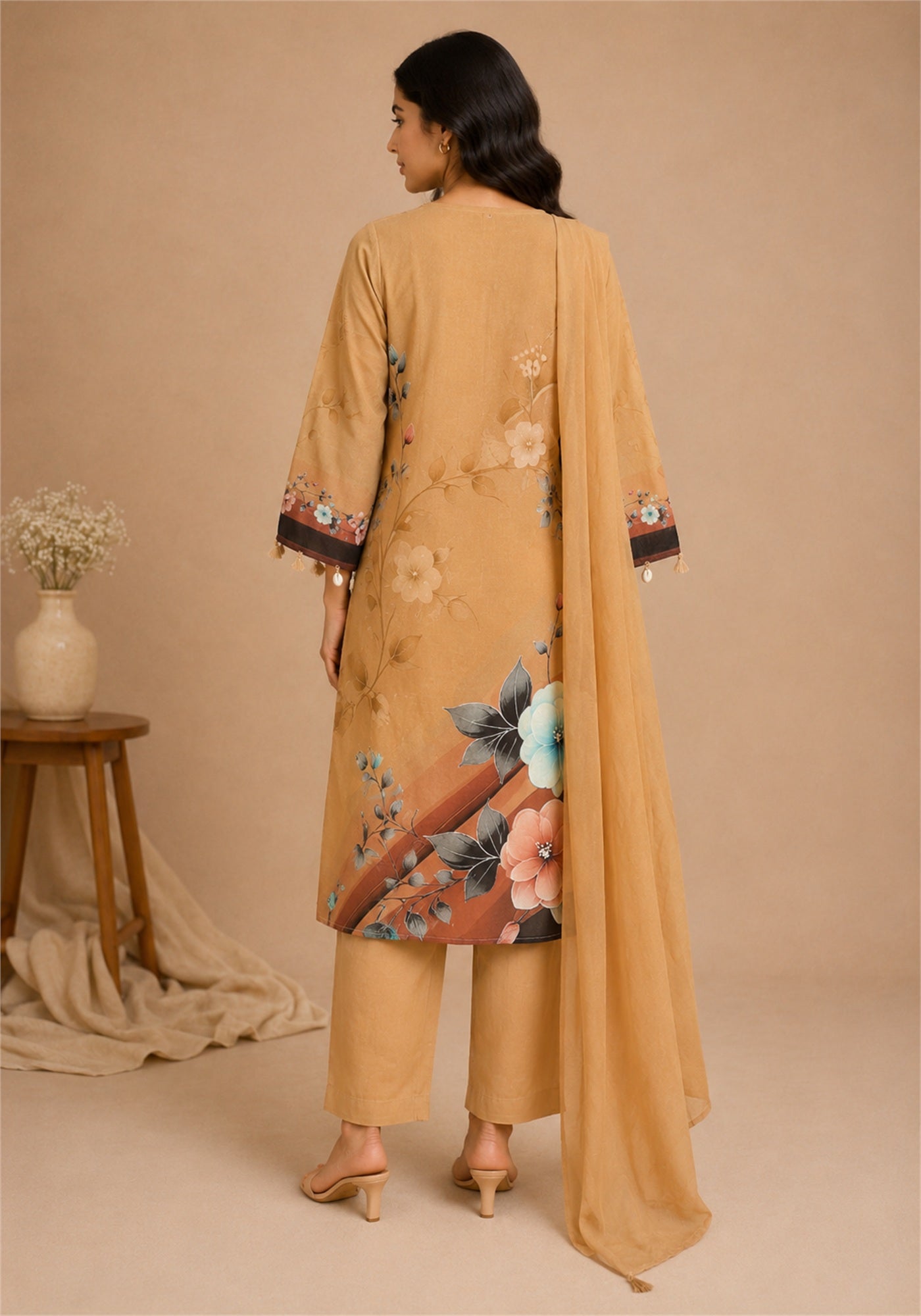 Tan Brown Cotton Floral Kurta Pant Set with Dupatta - Ashoka Threads - Tan Brown - view 5
