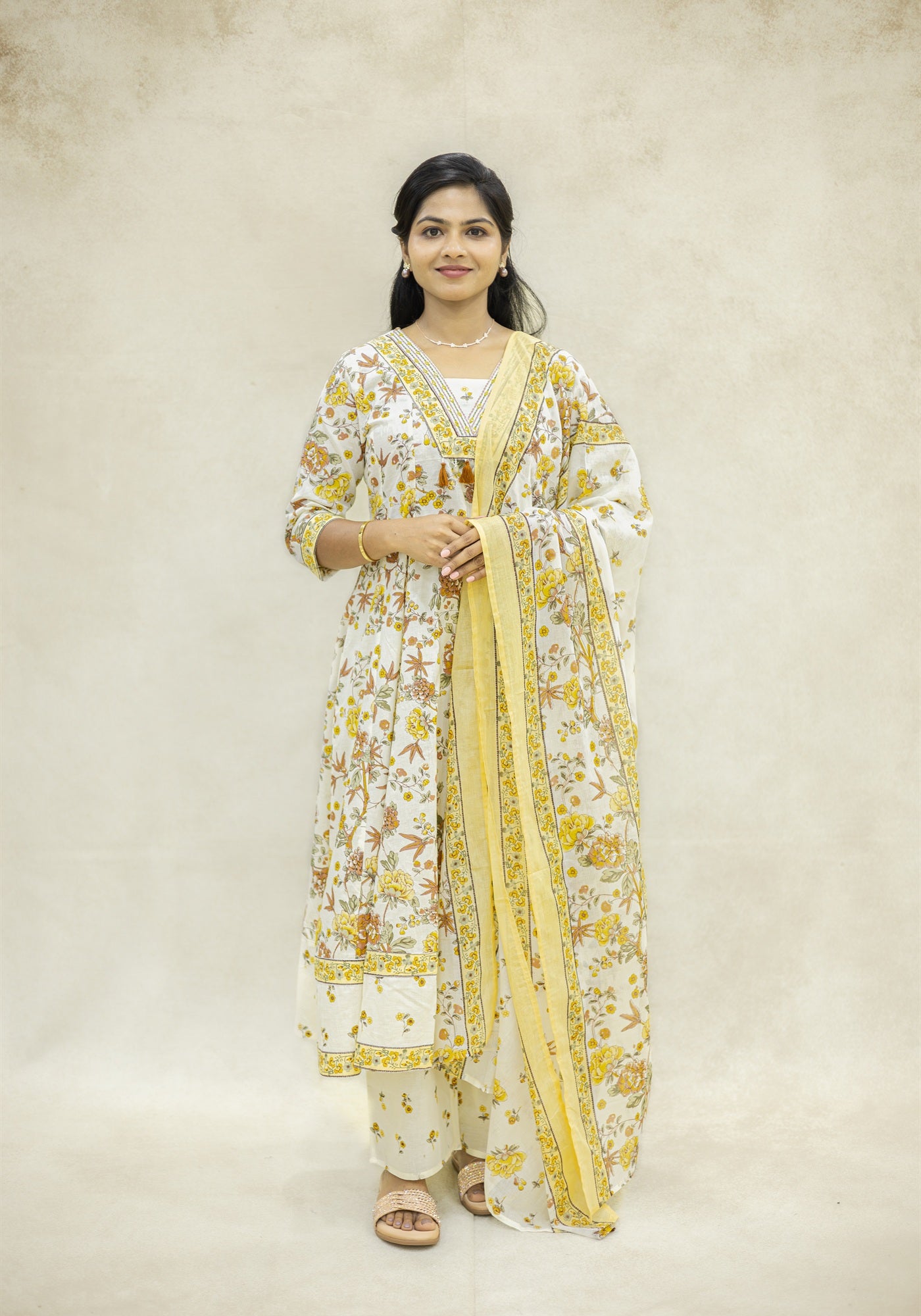 Cream Yellow Floral Kurta Pant Set with Dupatta - Cream
