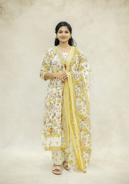 Cream Yellow Floral Kurta Pant Set with Dupatta - Cream
