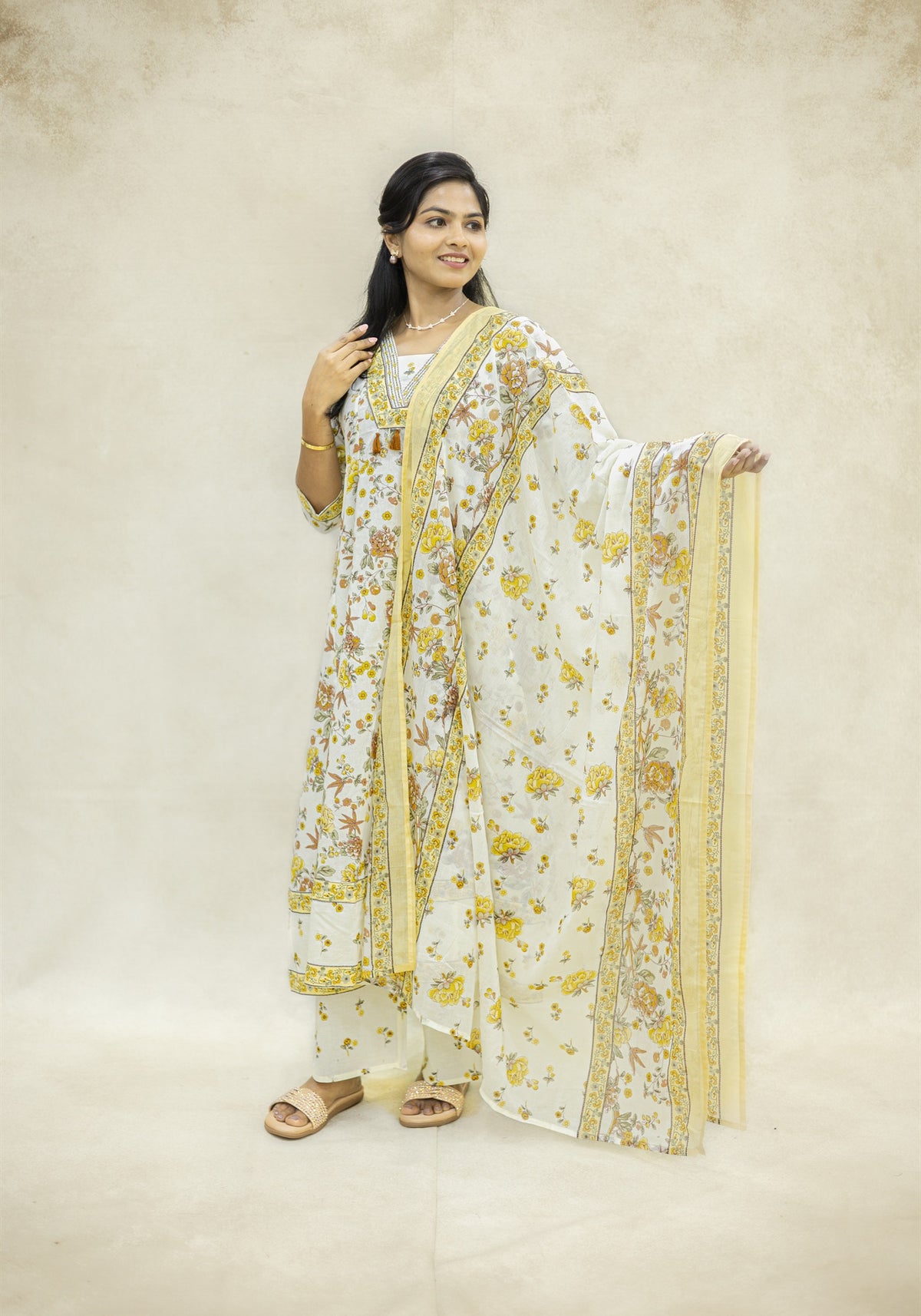 Cream Yellow Cotton Floral Kurta Pant Set with Dupatta - Ashoka Threads