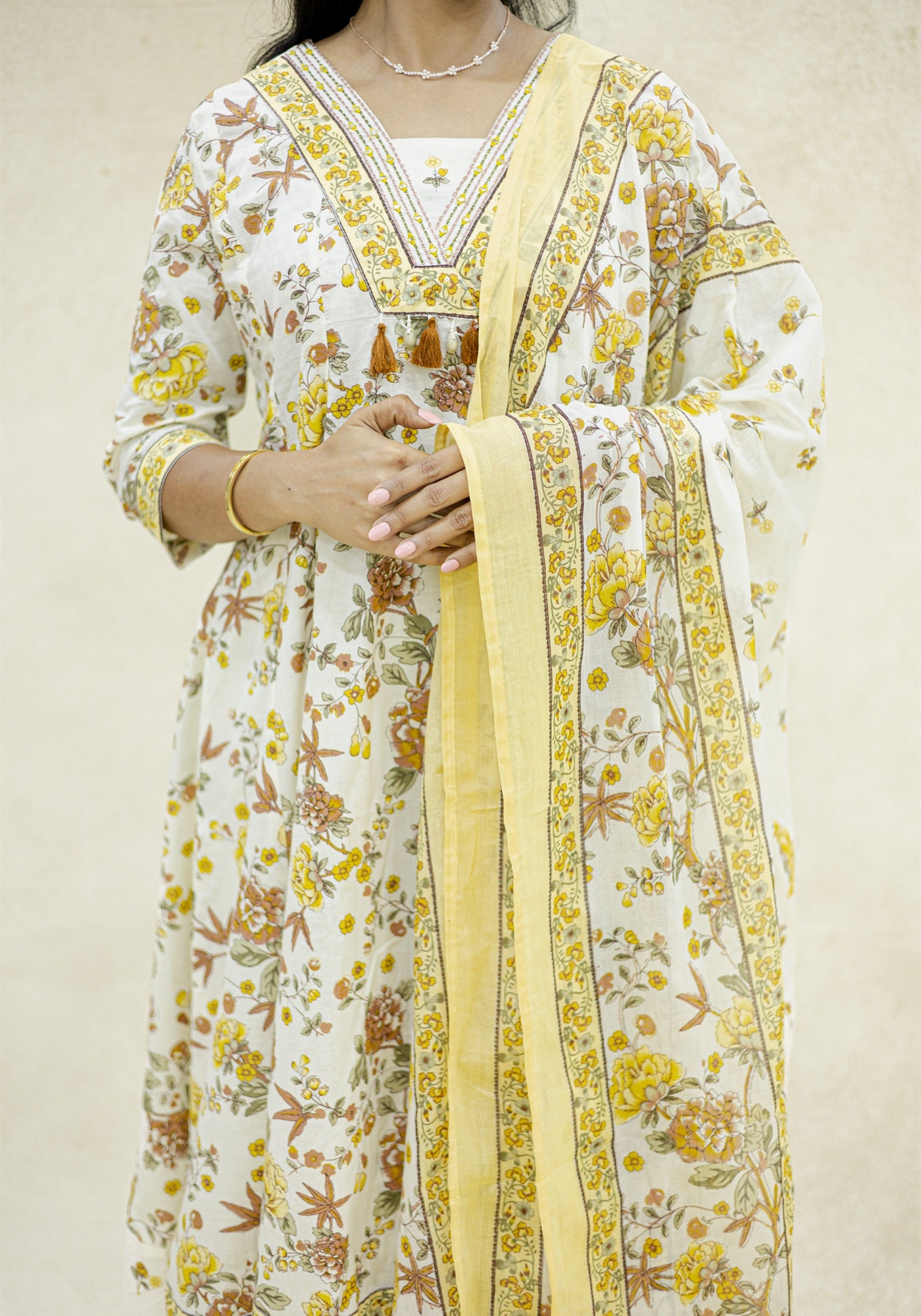 Cream Yellow Floral Kurta Pant Set with Dupatta - Cream