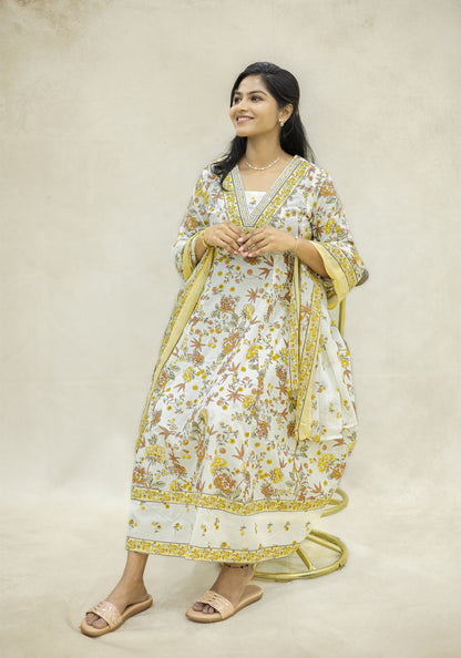 Cream Yellow Floral Kurta Pant Set with Dupatta - Cream