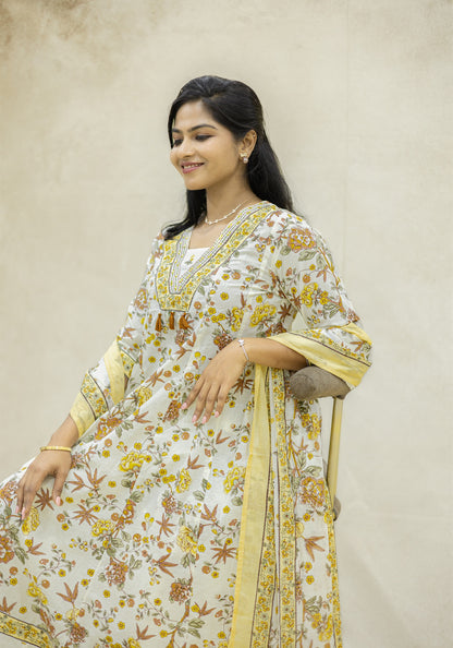 Cream Yellow Floral Kurta Pant Set with Dupatta - Cream