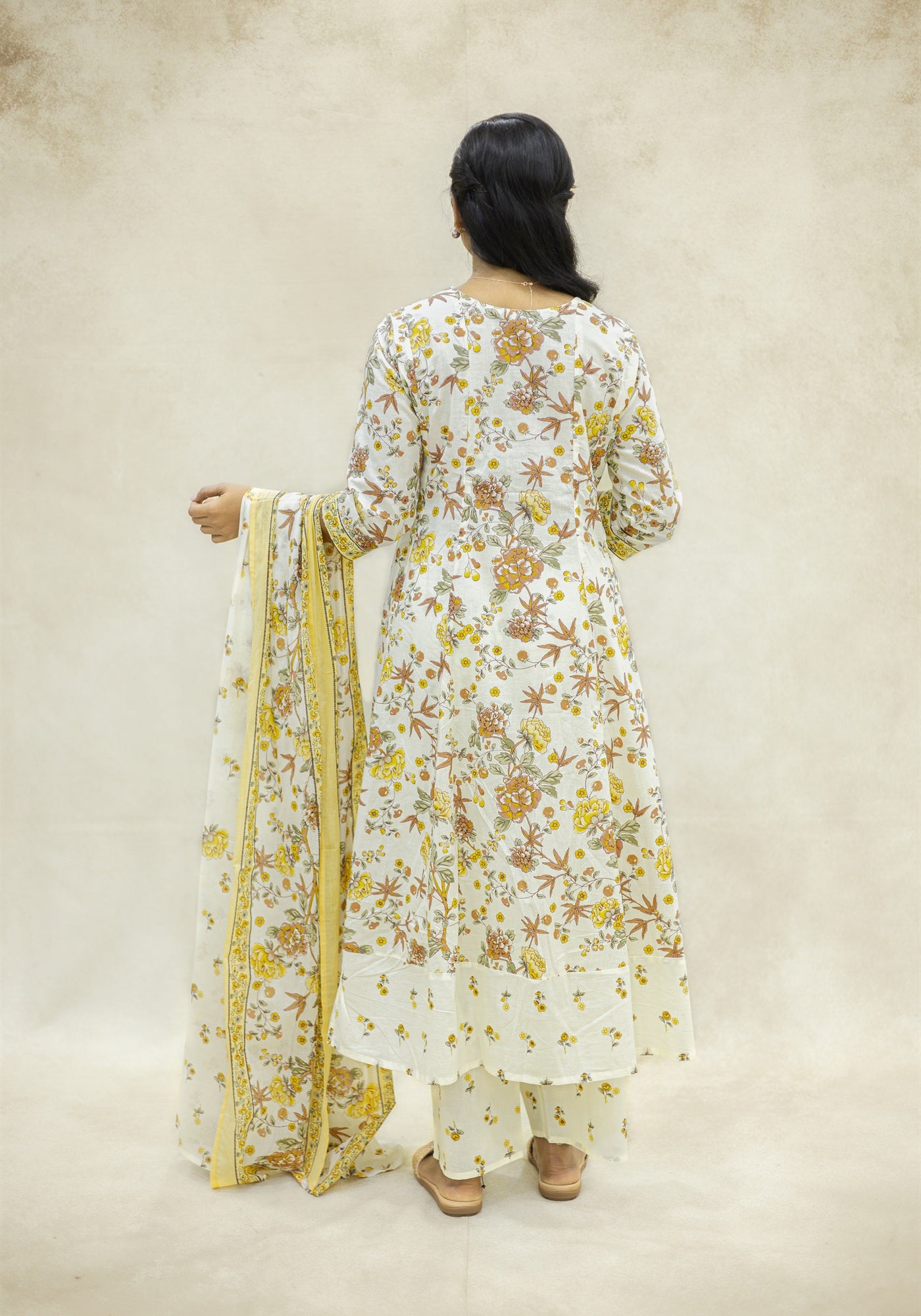 Cream Yellow Floral Kurta Pant Set with Dupatta - Cream