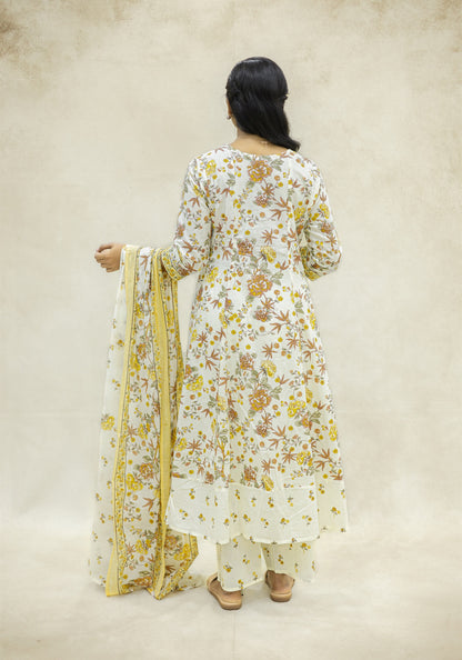 Cream Yellow Floral Kurta Pant Set with Dupatta - Cream
