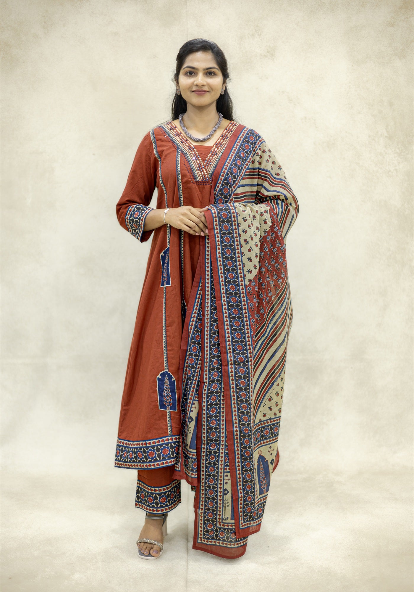 Rust Brown Ethnic Border Kurta Pant Set with Dupatta - Rust Brown