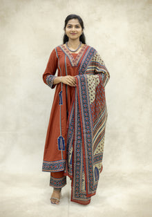 Rust Brown Cotton Ethnic Border Kurta Pant Set with Dupatta - Ashoka Threads