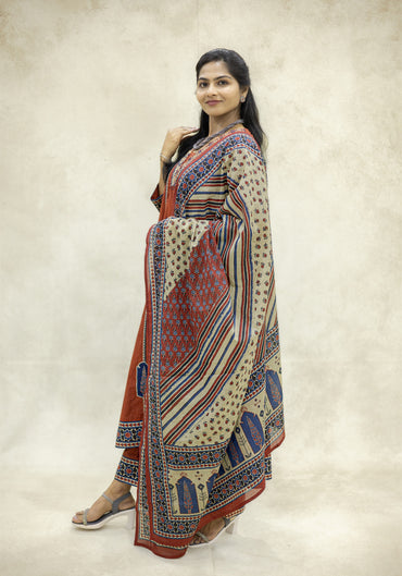 Rust Brown Ethnic Border Kurta Pant Set with Dupatta - Rust Brown