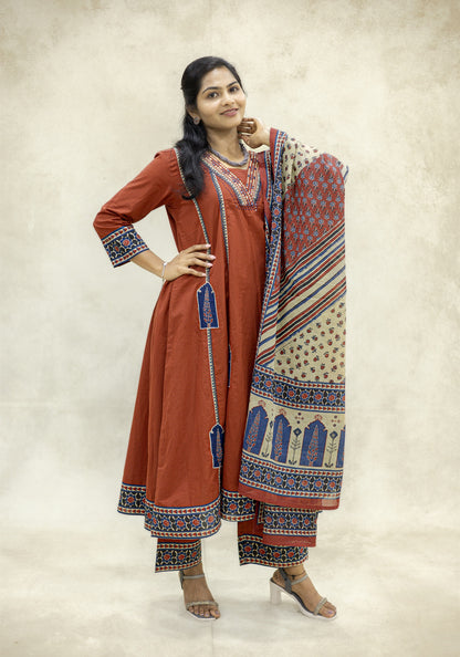 Rust Brown Ethnic Border Kurta Pant Set with Dupatta - Rust Brown