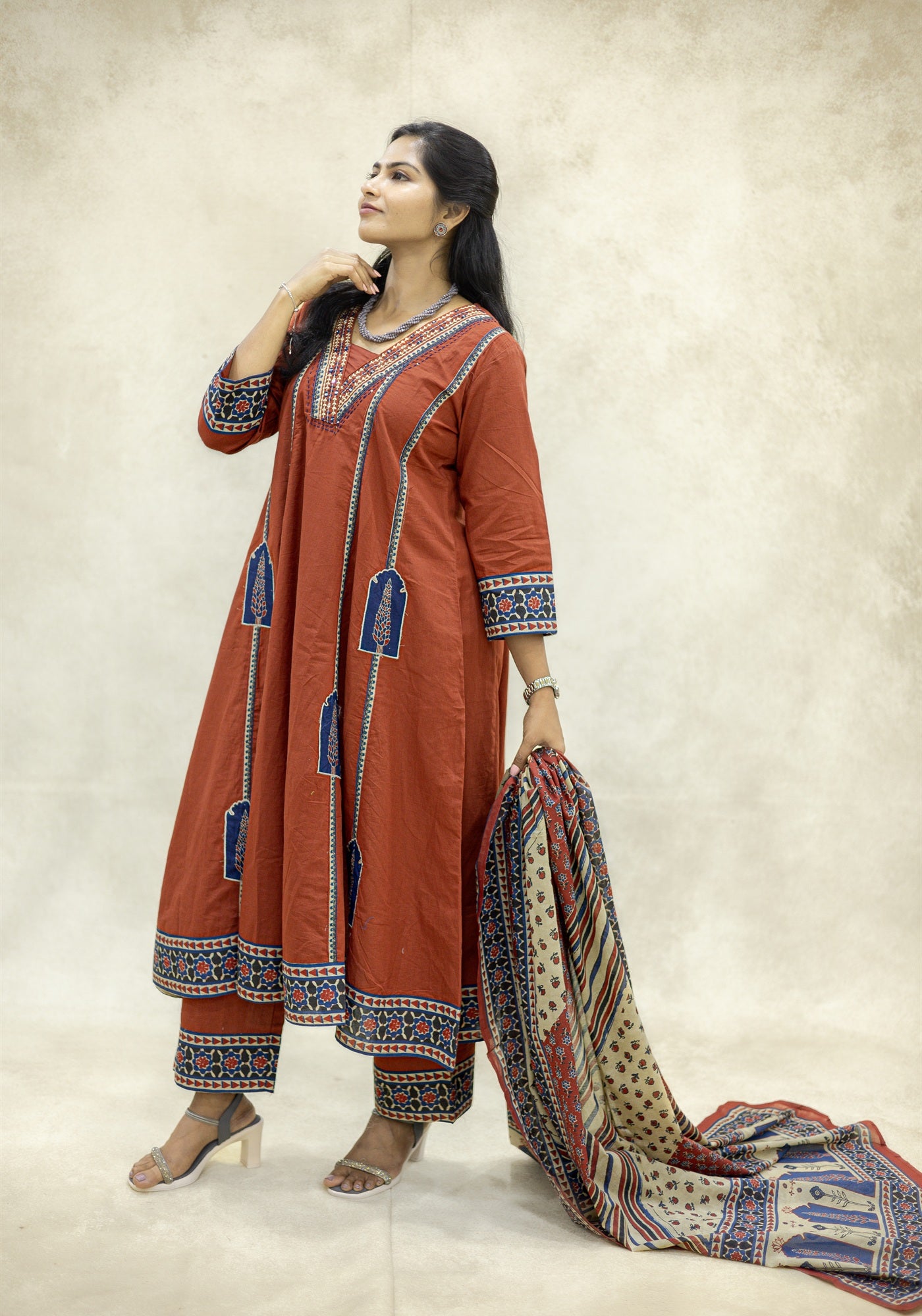 Rust Brown Ethnic Border Kurta Pant Set with Dupatta - Rust Brown